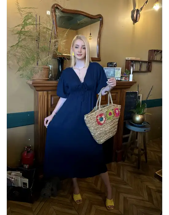 Vayla Lacivert Müslin Kumaş Bağlama Detaylı Elbise