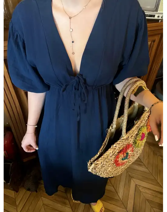 Vayla Lacivert Müslin Kumaş Bağlama Detaylı Elbise