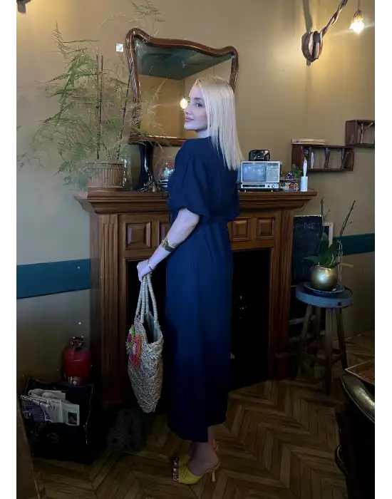 Vayla Lacivert Müslin Kumaş Bağlama Detaylı Elbise