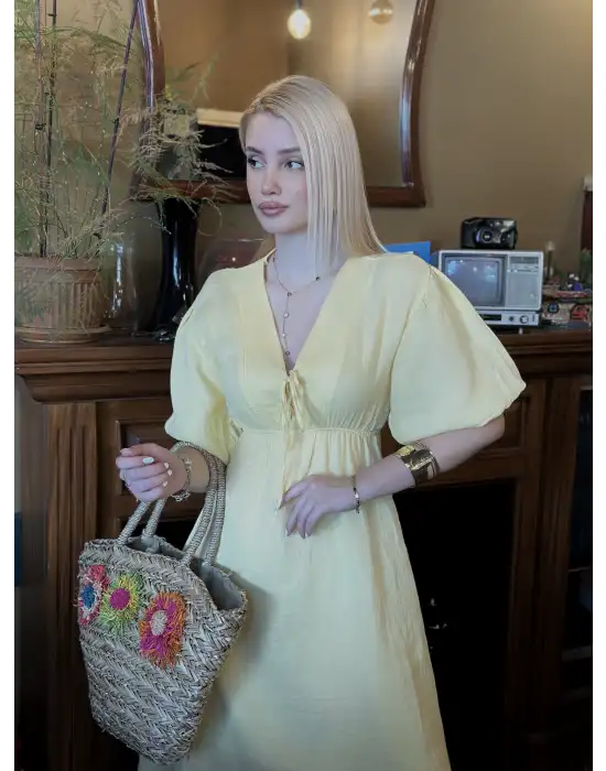 Vayla Pastel Sarı Müslin Kumaş Bağlama Detaylı Elbise