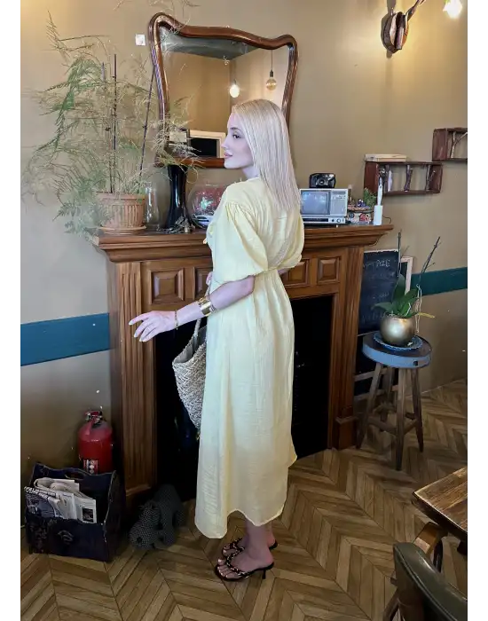 Vayla Pastel Sarı Müslin Kumaş Bağlama Detaylı Elbise