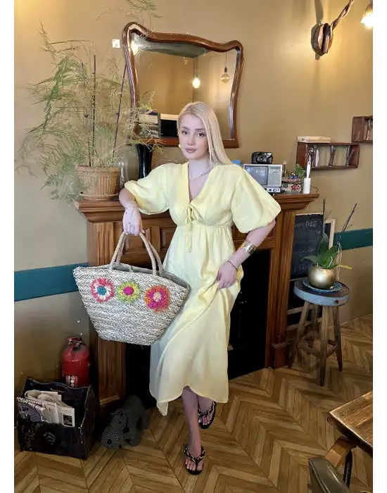 Vayla Pastel Sarı Müslin Kumaş Bağlama Detaylı Elbise