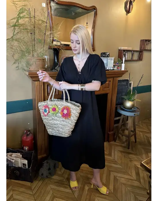 Vayla Siyah Müslin Kumaş Bağlama Detaylı Elbise