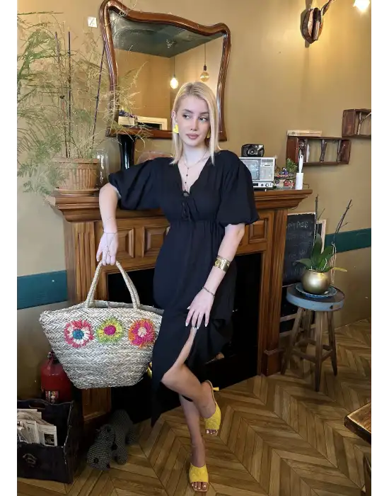 Vayla Siyah Müslin Kumaş Bağlama Detaylı Elbise