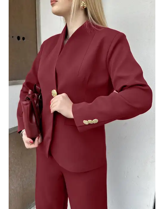Velvet Bordo Gold Büyük Tek Düğmeli İç Astarlı Beyaz Blazer Ceket