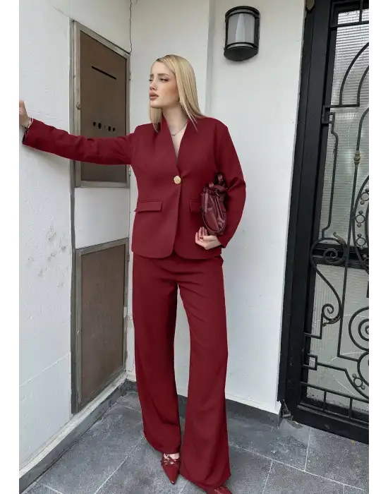 Velvet Bordo Gold Büyük Tek Düğmeli İç Astarlı Beyaz Blazer Ceket