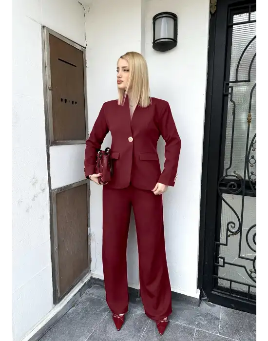 Velvet Bordo Gold Büyük Tek Düğmeli İç Astarlı Beyaz Blazer Ceket