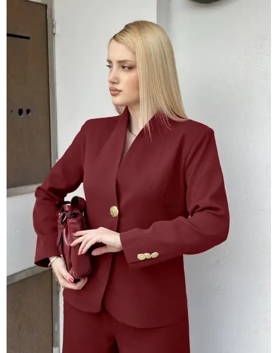 Velvet Bordo Gold Büyük Tek Düğmeli İç Astarlı Beyaz Blazer Ceket