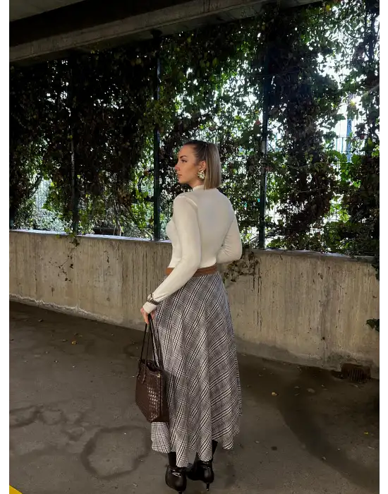 Volanlı Cepli Gri Ekose Oduncu Etek