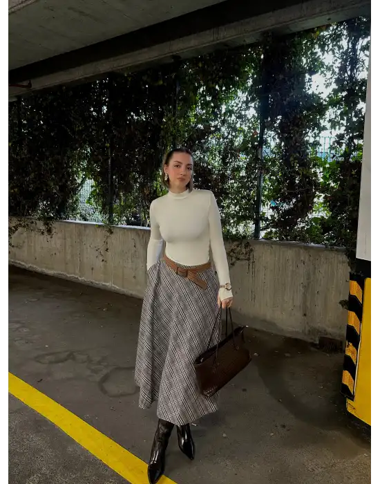 Volanlı Cepli Gri Ekose Oduncu Etek