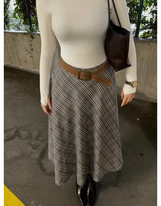 Volanlı Cepli Gri Ekose Oduncu Etek