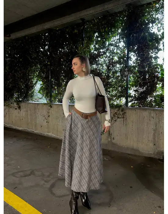 Volanlı Cepli Gri Ekose Oduncu Etek