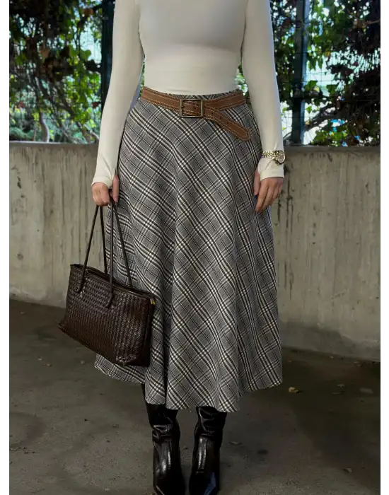 Volanlı Cepli Gri Ekose Oduncu Etek