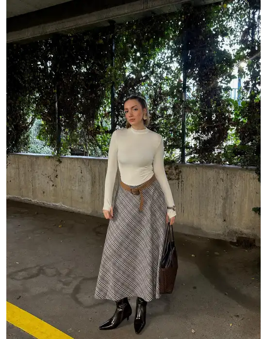 Volanlı Cepli Gri Ekose Oduncu Etek