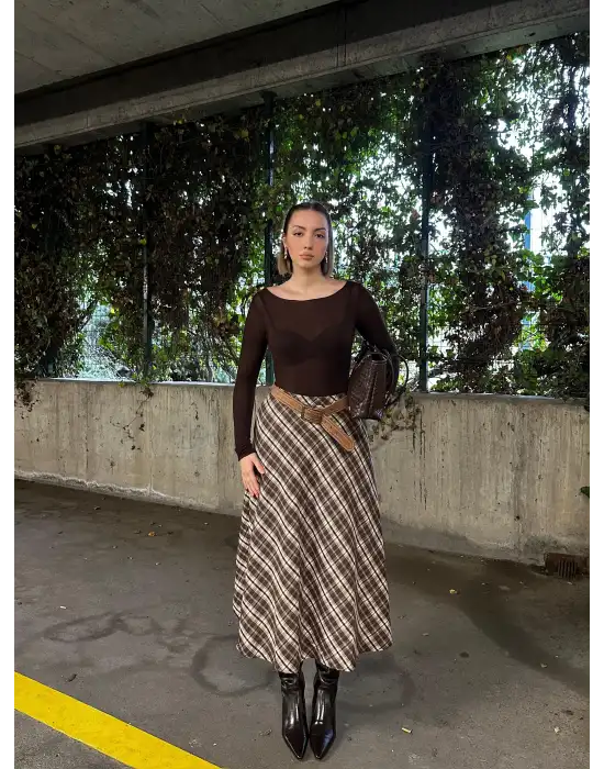 Volanlı Cepli Kahve Ekose Oduncu Etek