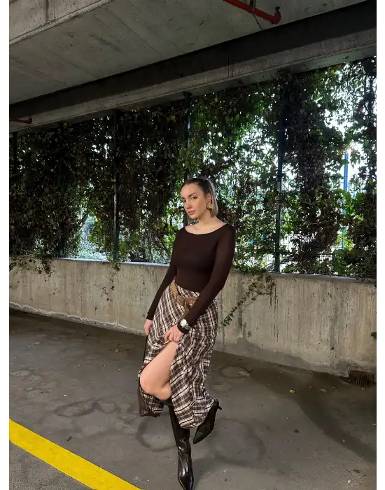 Volanlı Cepli Kahve Ekose Oduncu Etek