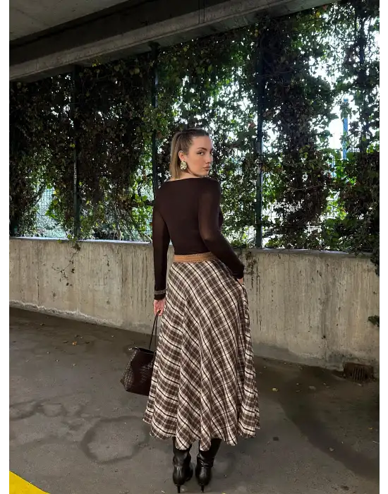 Volanlı Cepli Kahve Ekose Oduncu Etek