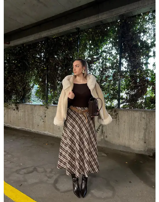 Volanlı Cepli Kahve Ekose Oduncu Etek