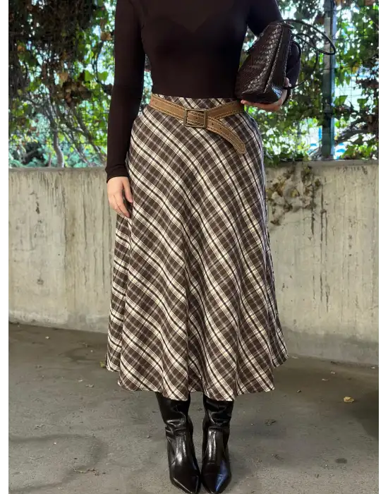 Volanlı Cepli Kahve Ekose Oduncu Etek