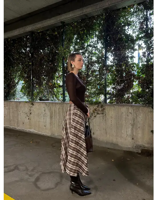 Volanlı Cepli Kahve Ekose Oduncu Etek