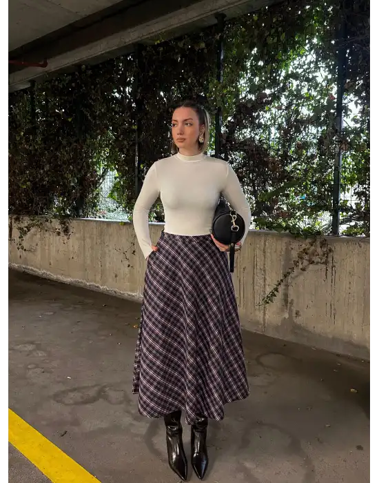 Volanlı Cepli Laci Ekose Oduncu Etek