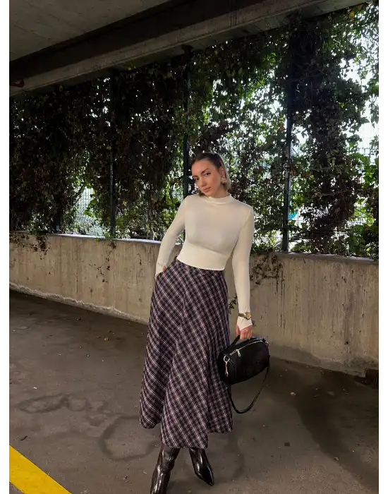 Volanlı Cepli Laci Ekose Oduncu Etek