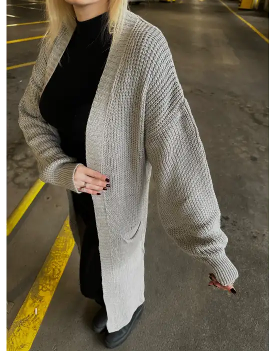 Vox Gri Balon Kol Maxi Boy Triko Hırka