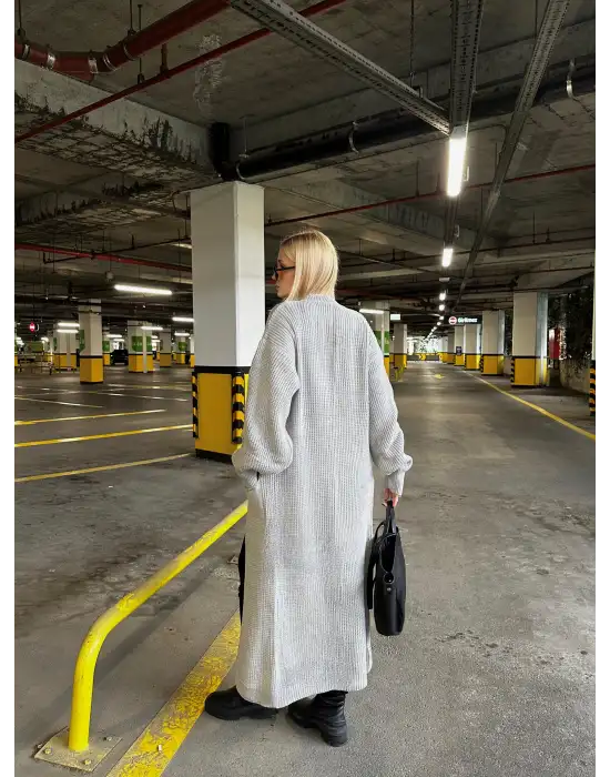 Vox Gri Balon Kol Maxi Boy Triko Hırka