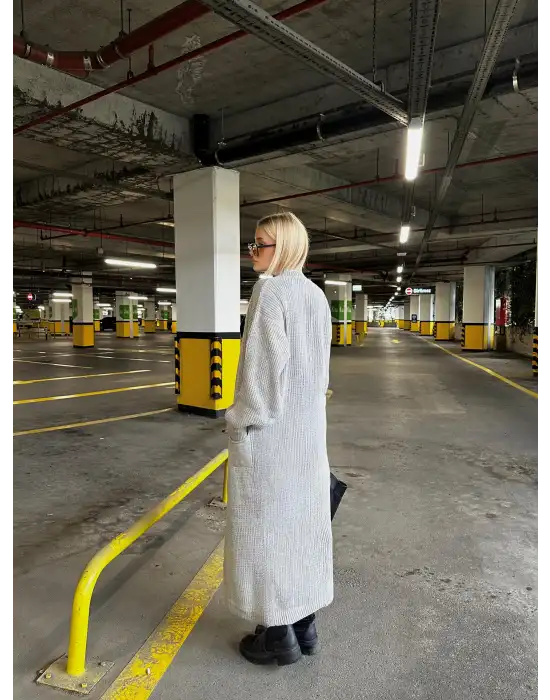 Vox Gri Balon Kol Maxi Boy Triko Hırka