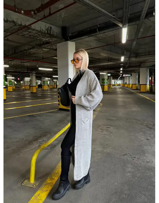 Vox Gri Balon Kol Maxi Boy Triko Hırka