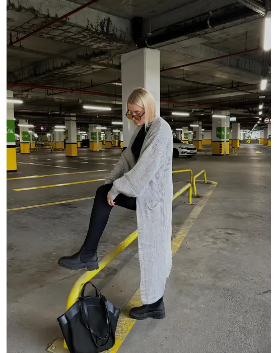 Vox Gri Balon Kol Maxi Boy Triko Hırka