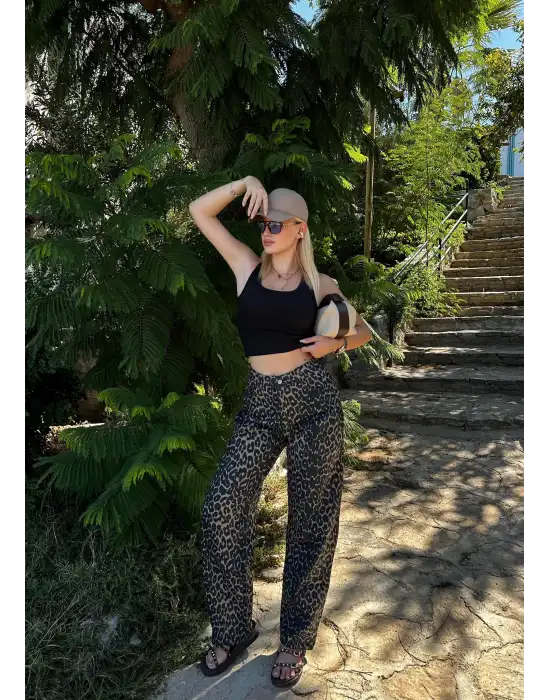 Witzel Balon Kesim Çift Cepli Yüksek Bel Leopar Pantolon