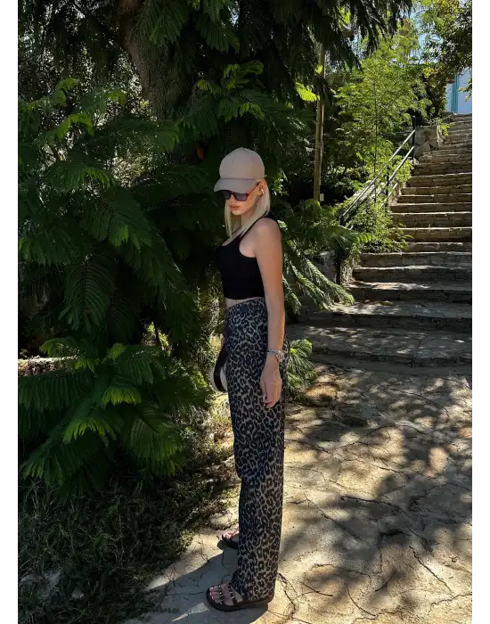 Witzel Balon Kesim Çift Cepli Yüksek Bel Leopar Pantolon