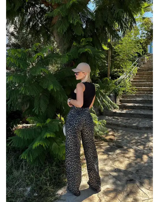 Witzel Balon Kesim Çift Cepli Yüksek Bel Leopar Pantolon