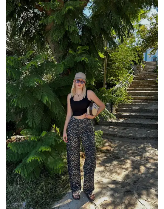 Witzel Balon Kesim Çift Cepli Yüksek Bel Leopar Pantolon