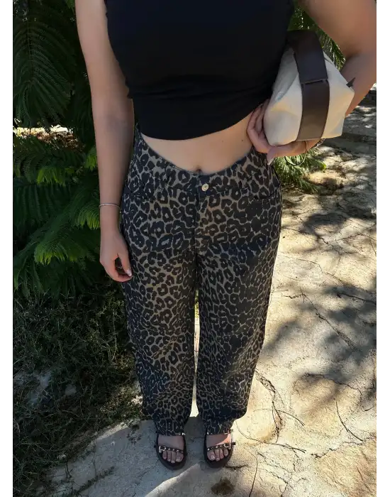 Witzel Balon Kesim Çift Cepli Yüksek Bel Leopar Pantolon