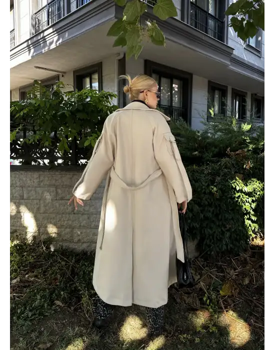 Zeze Bej Apolet Detay Kuşaklı Premium Kaşe Kaban