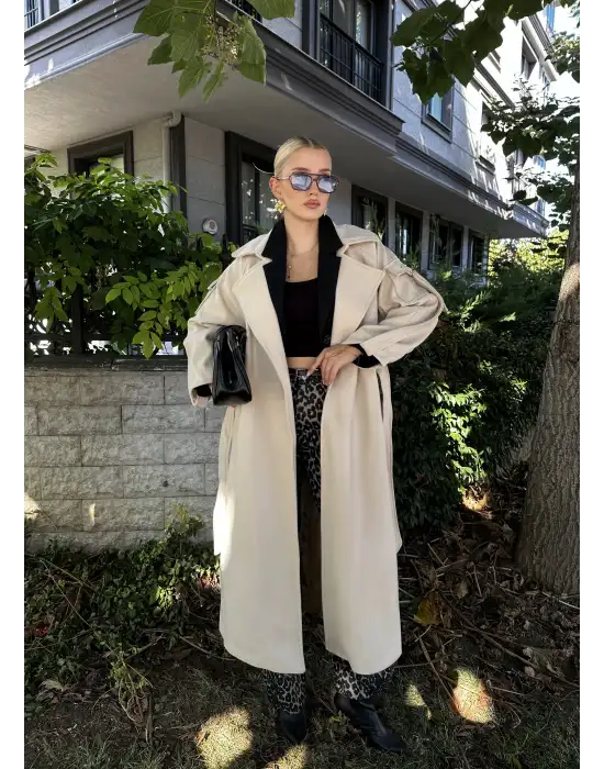 Zeze Bej Apolet Detay Kuşaklı Premium Kaşe Kaban