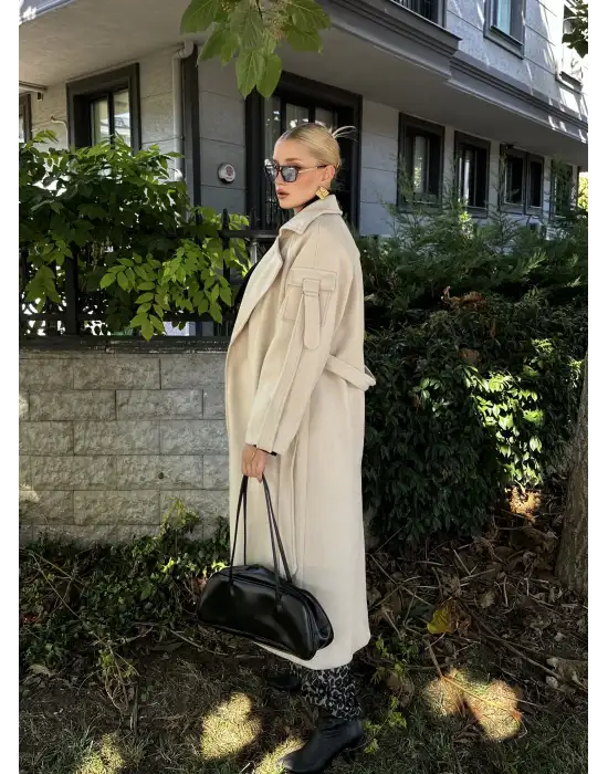 Zeze Bej Apolet Detay Kuşaklı Premium Kaşe Kaban