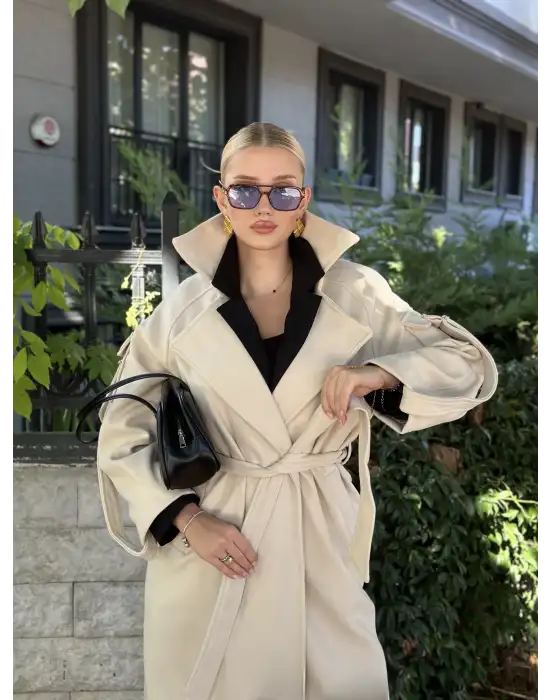 Zeze Bej Apolet Detay Kuşaklı Premium Kaşe Kaban