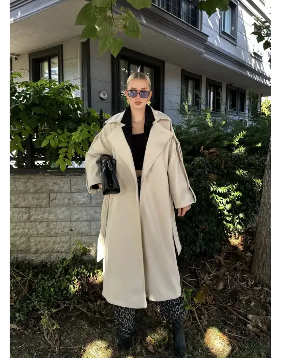 Zeze Bej Apolet Detay Kuşaklı Premium Kaşe Kaban