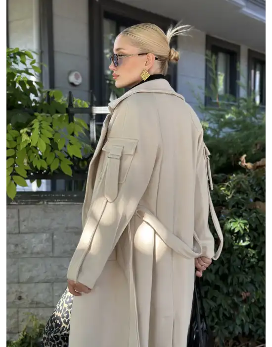 Zeze Bej Apolet Detay Kuşaklı Premium Kaşe Kaban