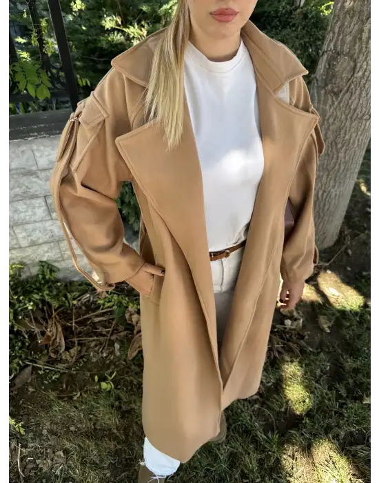 Zeze Taba Apolet Detay Kuşaklı Premium Kaşe Kaban