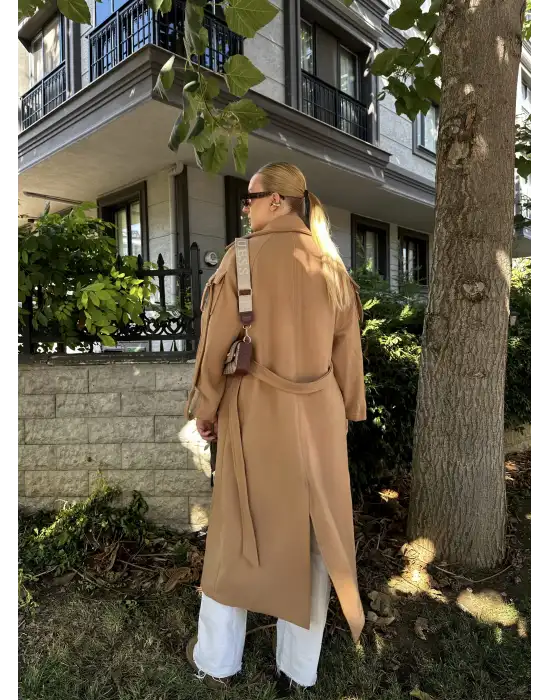 Zeze Taba Apolet Detay Kuşaklı Premium Kaşe Kaban