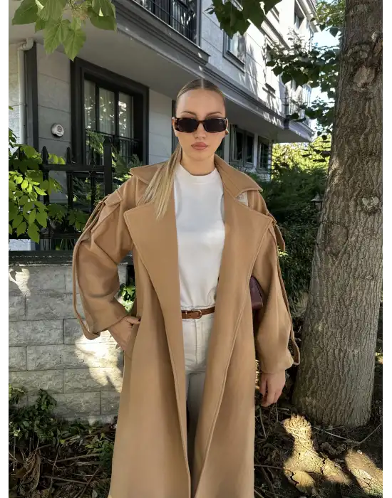 Zeze Taba Apolet Detay Kuşaklı Premium Kaşe Kaban