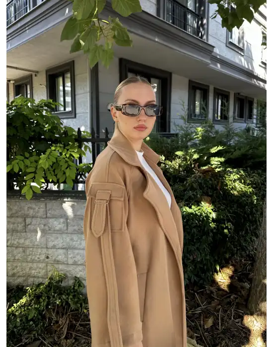 Zeze Taba Apolet Detay Kuşaklı Premium Kaşe Kaban