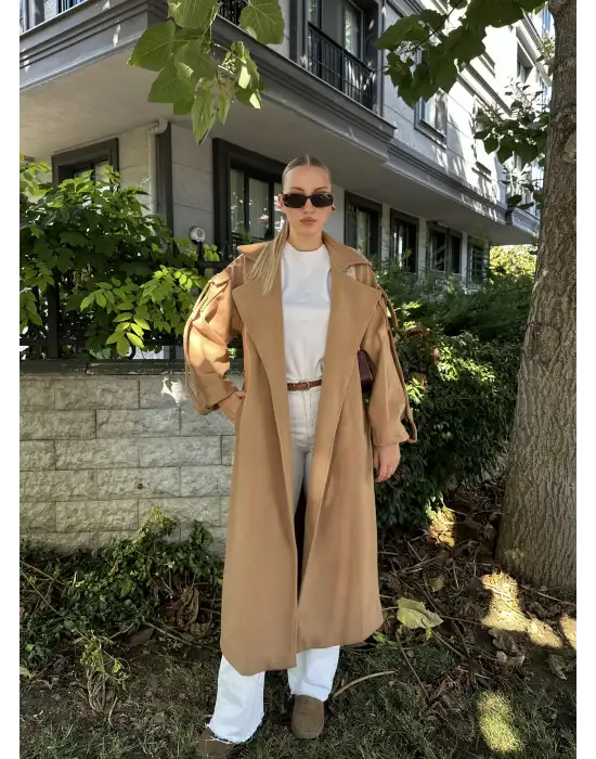 Zeze Taba Apolet Detay Kuşaklı Premium Kaşe Kaban