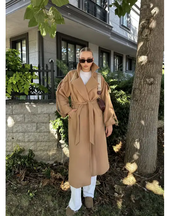 Zeze Taba Apolet Detay Kuşaklı Premium Kaşe Kaban