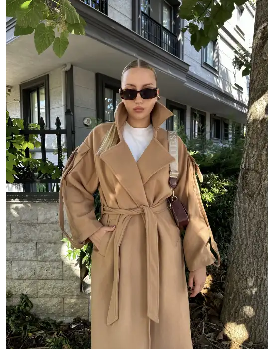 Zeze Taba Apolet Detay Kuşaklı Premium Kaşe Kaban