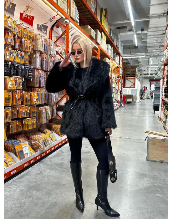 Zr Model Kemerli Yumuş Siyah Kürk